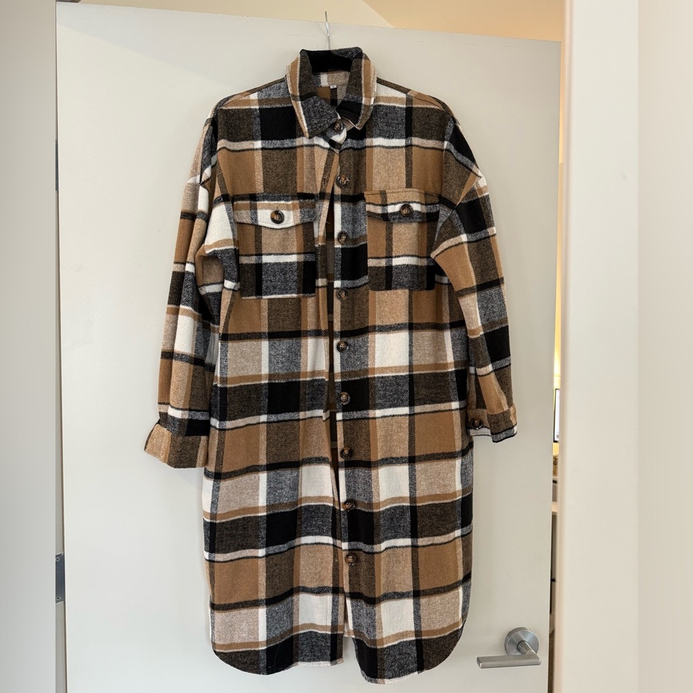 Oversized Plaid Shacket – Neutral Brown/Black/Tan (S)